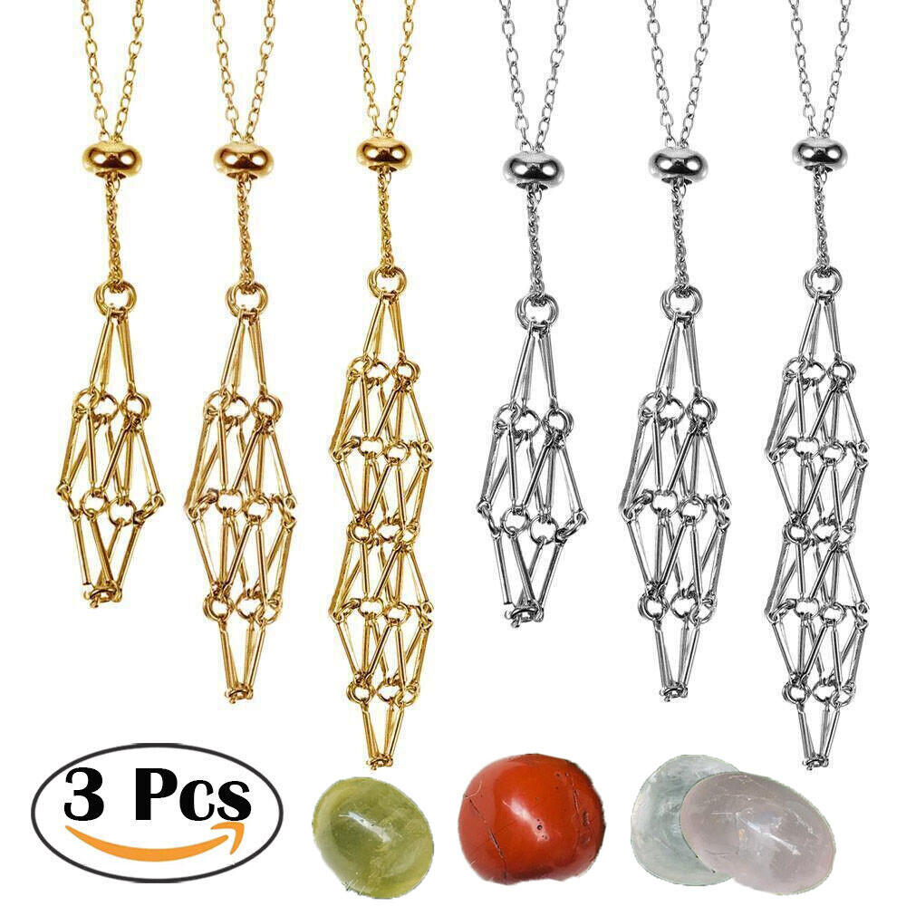 3xCrystal Holder Cage Necklace Set Stone Holder Necklace for Crystals Metal Net