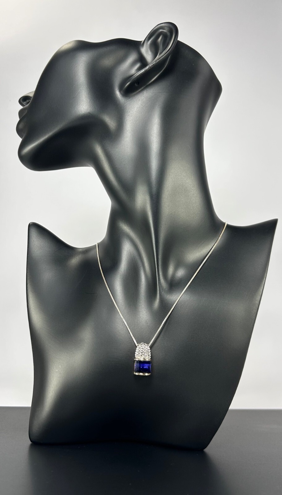 925 Sterling Silver Gold Tone Necklace Faceted Cobalt Blue Glass Pendant ITALY