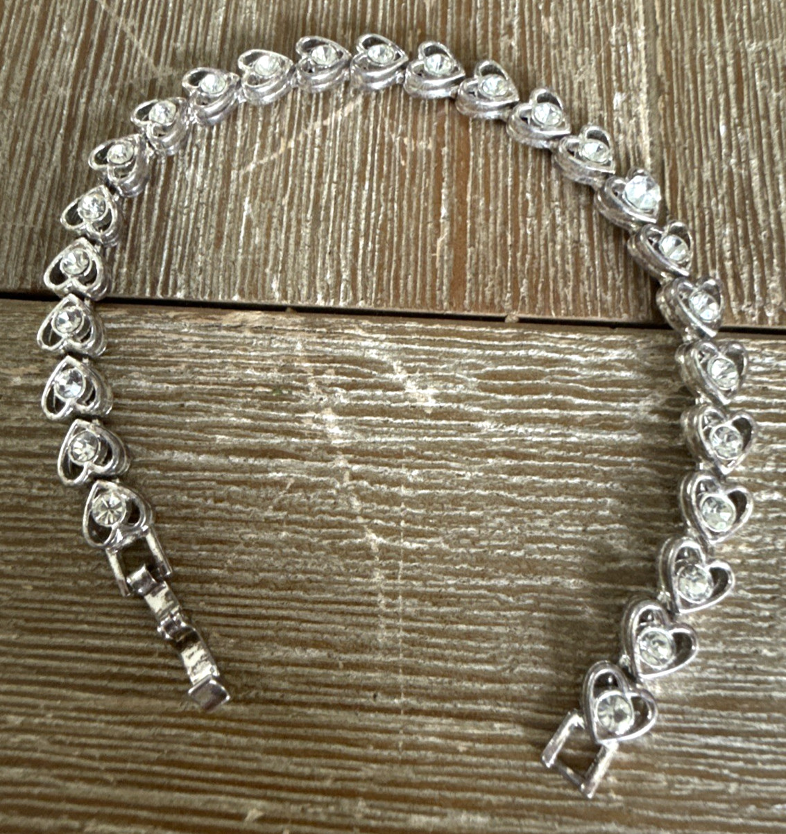 Simulated Diamond Silver Tone Rhinestone Heart Link Tennis Bracelet 7 Inch