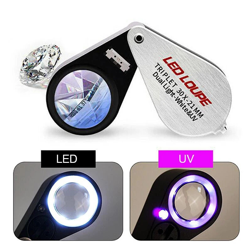 10X 20X 30X 40X 21mm Magnifying LED Triplet Loupe Dual Light White &UV Magnifier