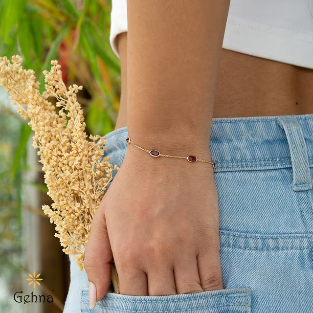 Natural Garnet Bracelet 14K Yellow Gold Everyday Gemstone