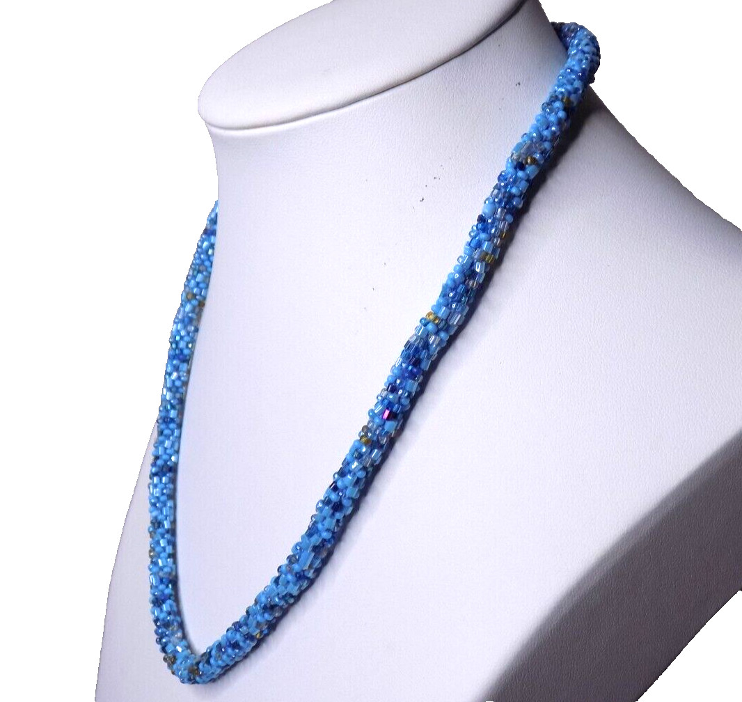 Vintage Nepal Potay Necklace Blue Glass Seed Bead Toggle Closure 17″ to 18″ Long