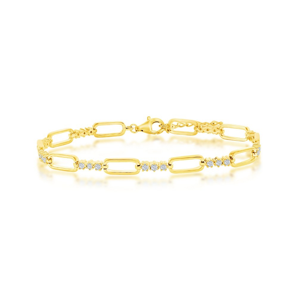 Sterling Silver Sparkling Alternating Paperclip Design & CZ Bracelet Gold Plated
