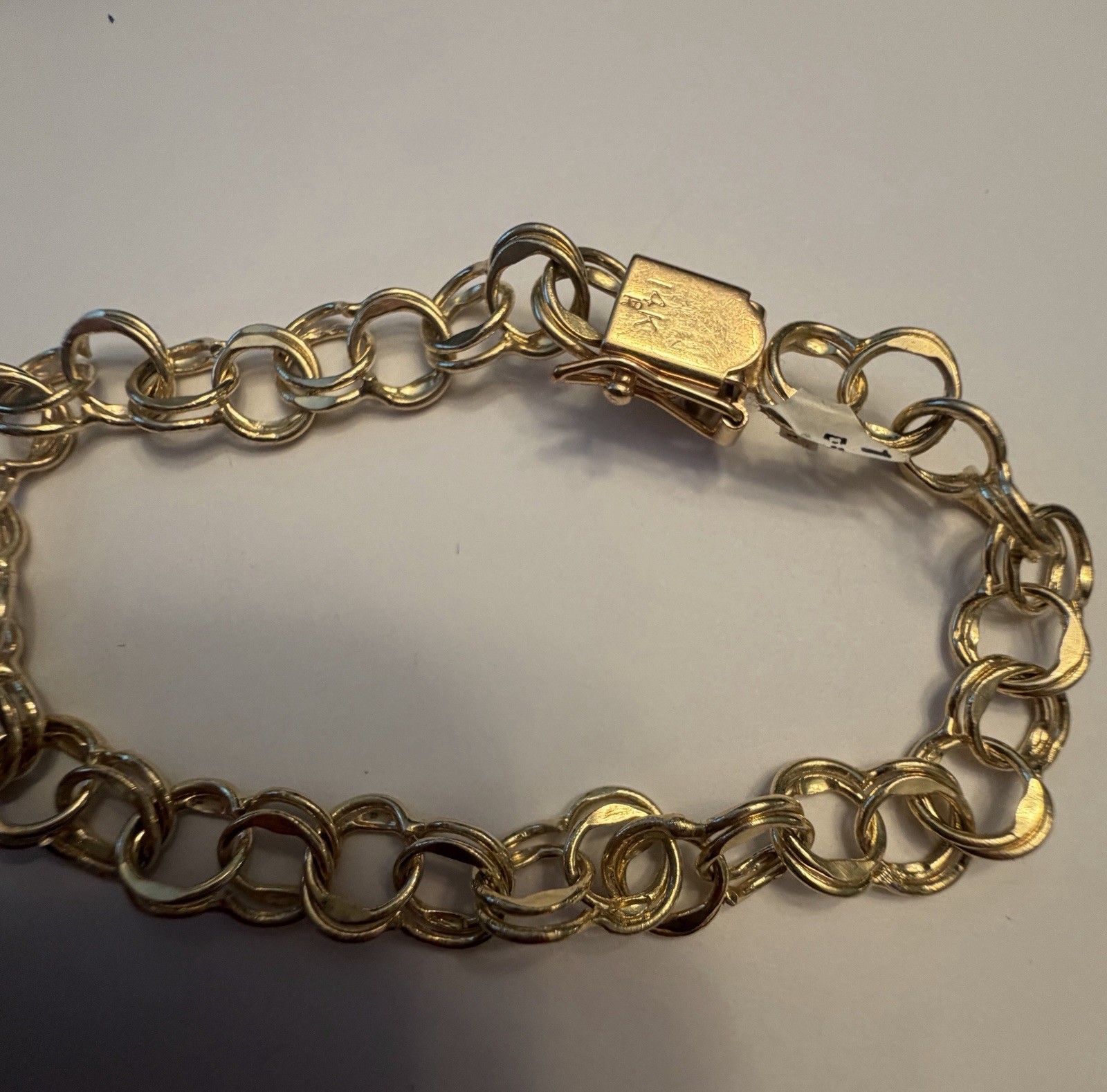 14k Yellow Gold Double Curb Link Chunky Charm Bracelet Polished Retro Never Worn