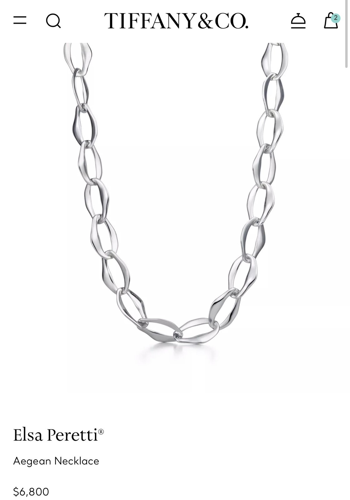 Tiffany & Co. Necklace 925 Sterling Silver Elsa Peretti Aegean 147G, 28inch