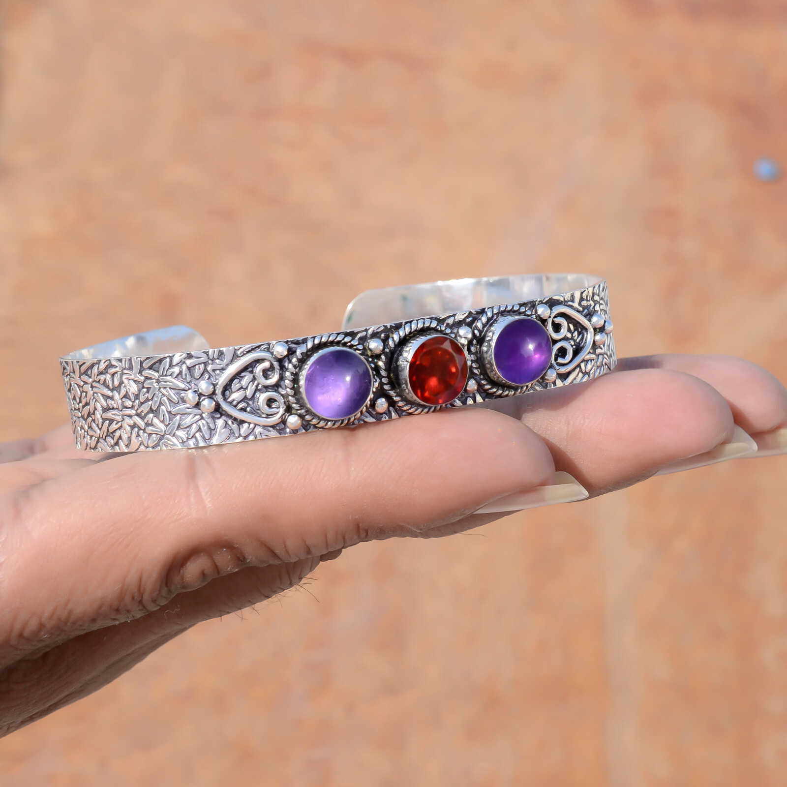 Amethyst & Red Garnet Cut Gemstone 925 Sterling Silver Bangle Girl’s Wear Cuff