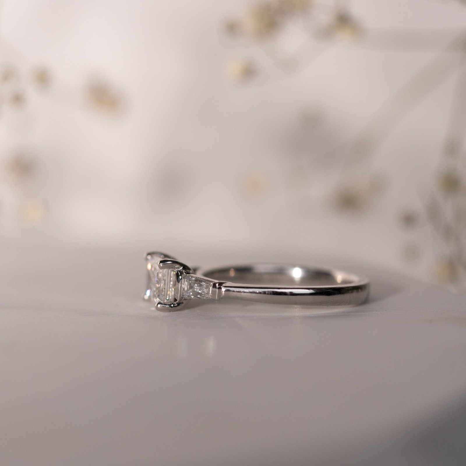 Emerald & Tapered Baguette Cut Lab Created Diamond Cluster Three Stone Ring