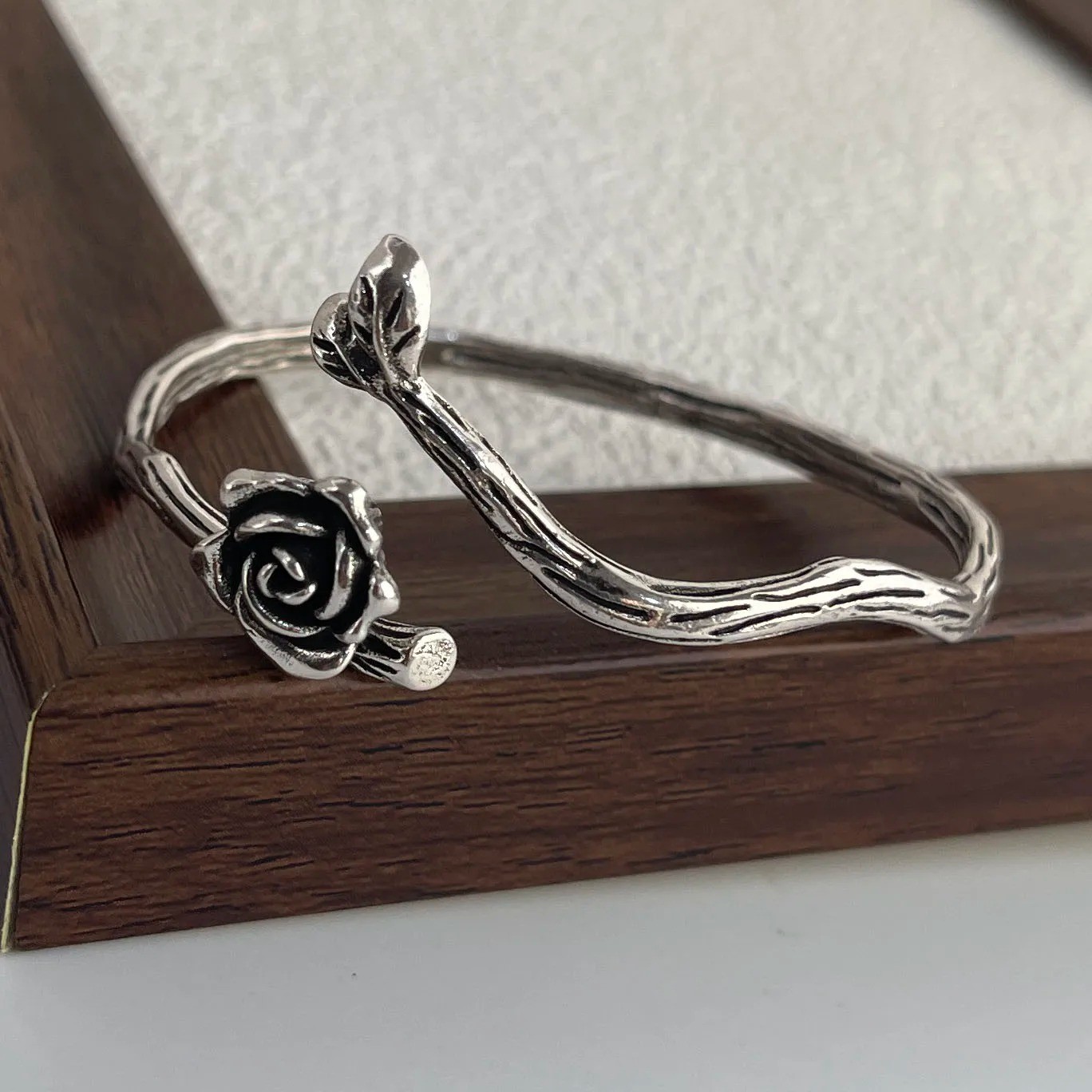 Women Cuff Bangle Vintage Flower Retro Rose Set Sterling Silver Jewelle Bracelet