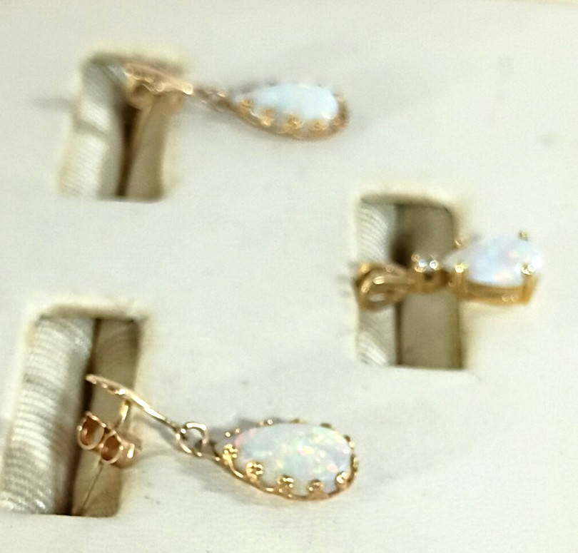 Vintage 14K Gold Opal Earrings & Pendant Set Natural White Fire Opal Mexico