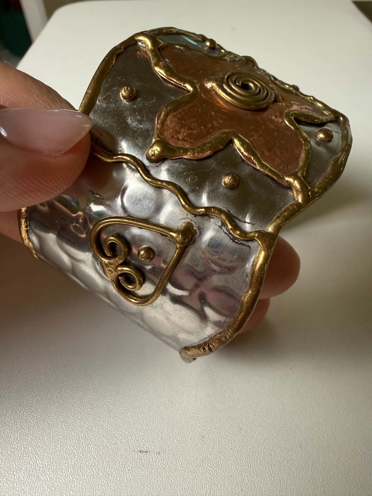 Handmade Mixed Metal Artisan Cuff Bracelet Copper Brass Silver Tone Boho Wide