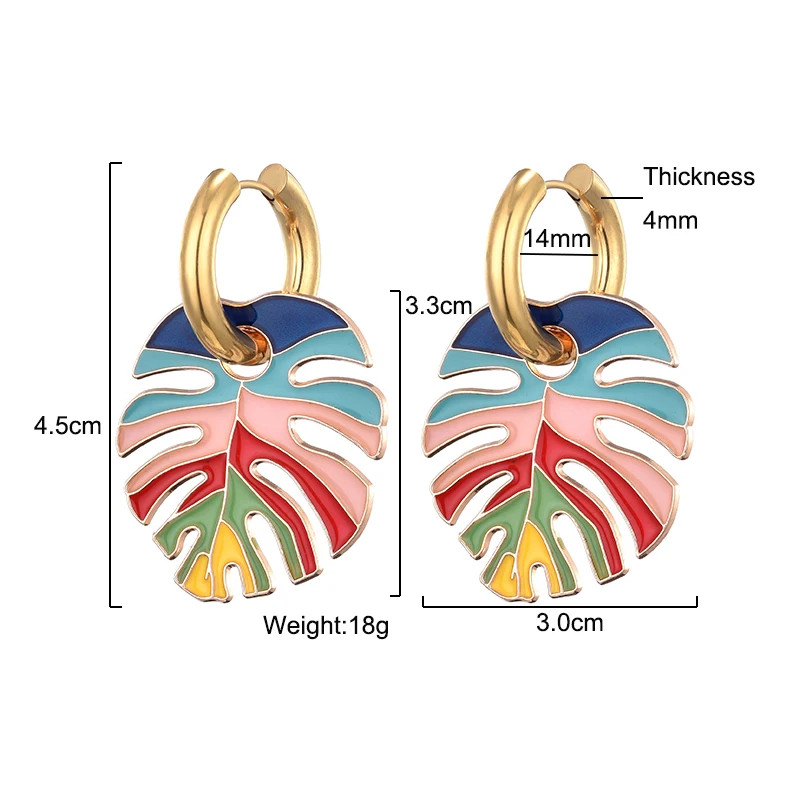 Colorful Big Leaf Pendant Gold Color Stainless Steel Earrings For Women