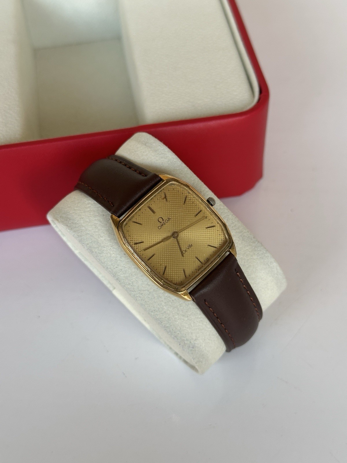 Vintage Omega De Ville 191.0182 Gold Plated Quartz 30x37mm Tapestry Dial Boxed