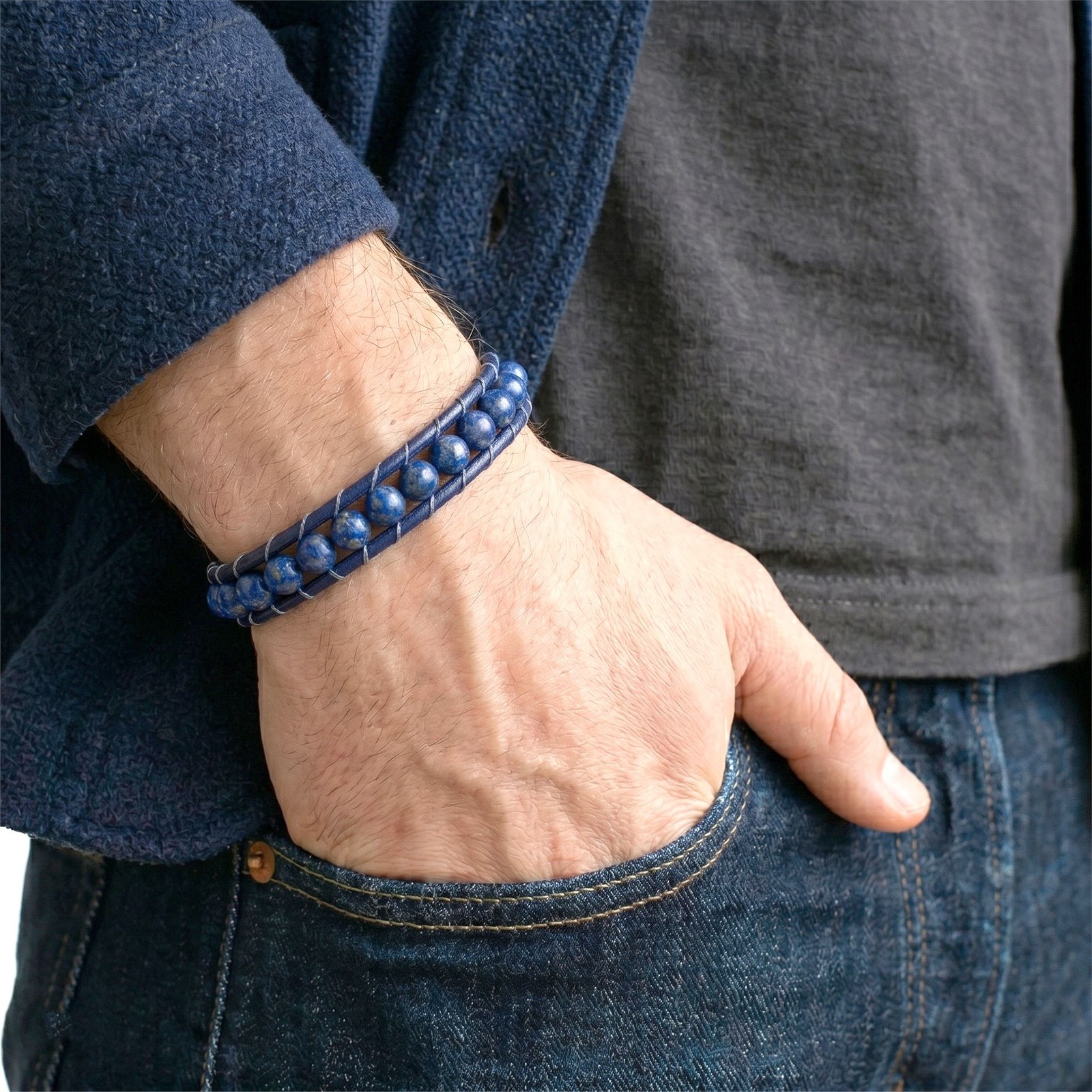 Lapis Lazuli Gemstone Leather Cord & Stainless Steel Men’s Bracelet 6mm
