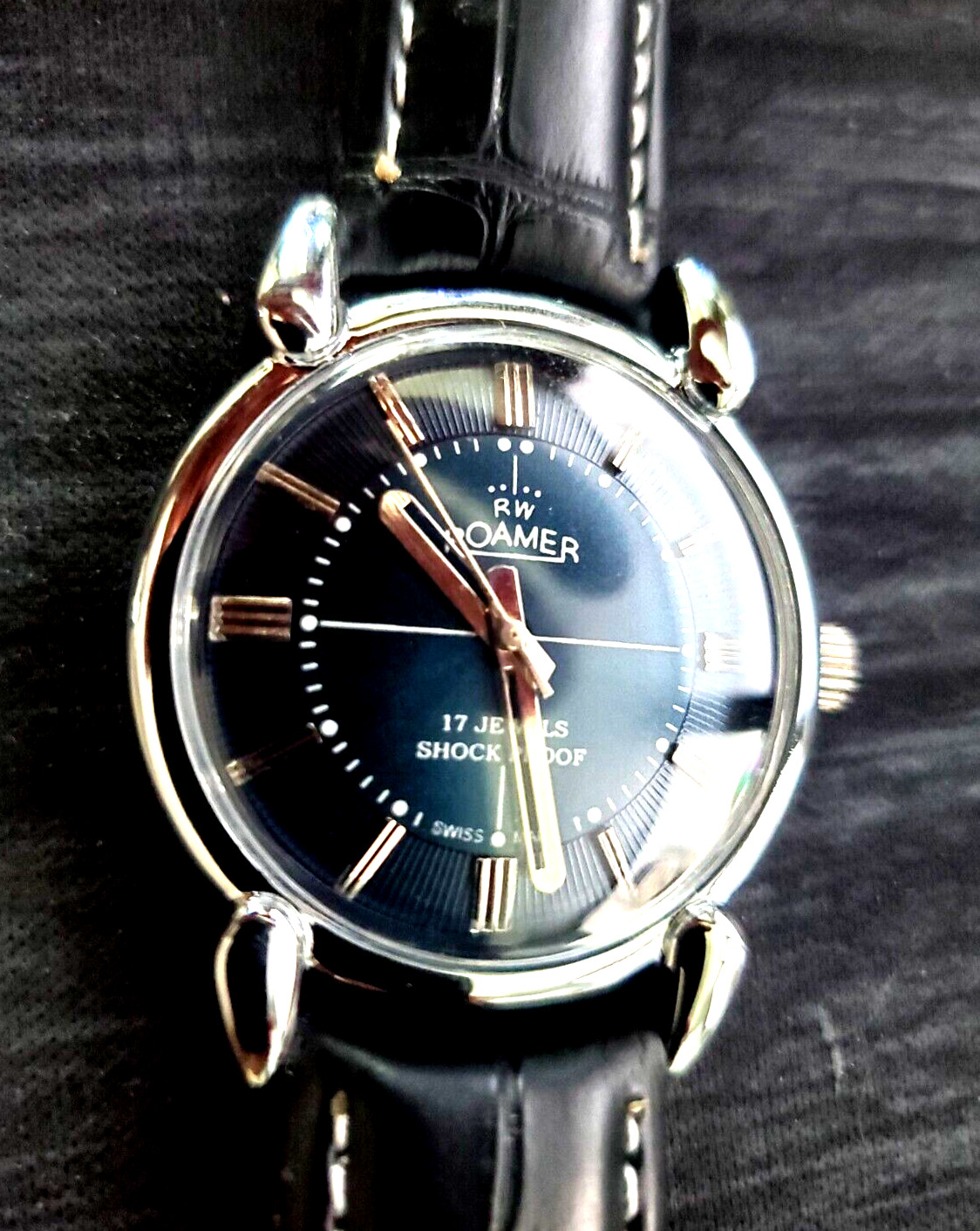 Rare Roamer Brevete Swiss Mens Mechanical Watch Blue Burst Serviced Runs Perfect