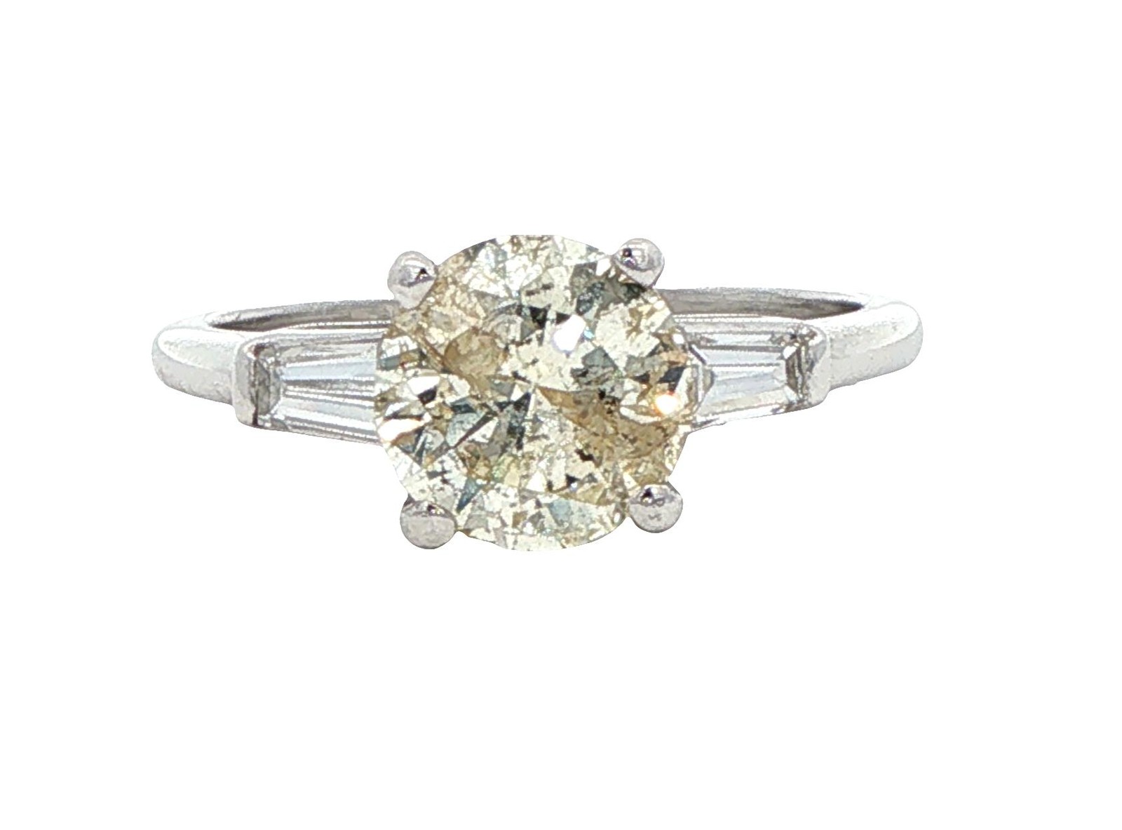 Platinum Light Yellow 1.44CT Round With Tapered Baguette Diamond 3 Stone Ring