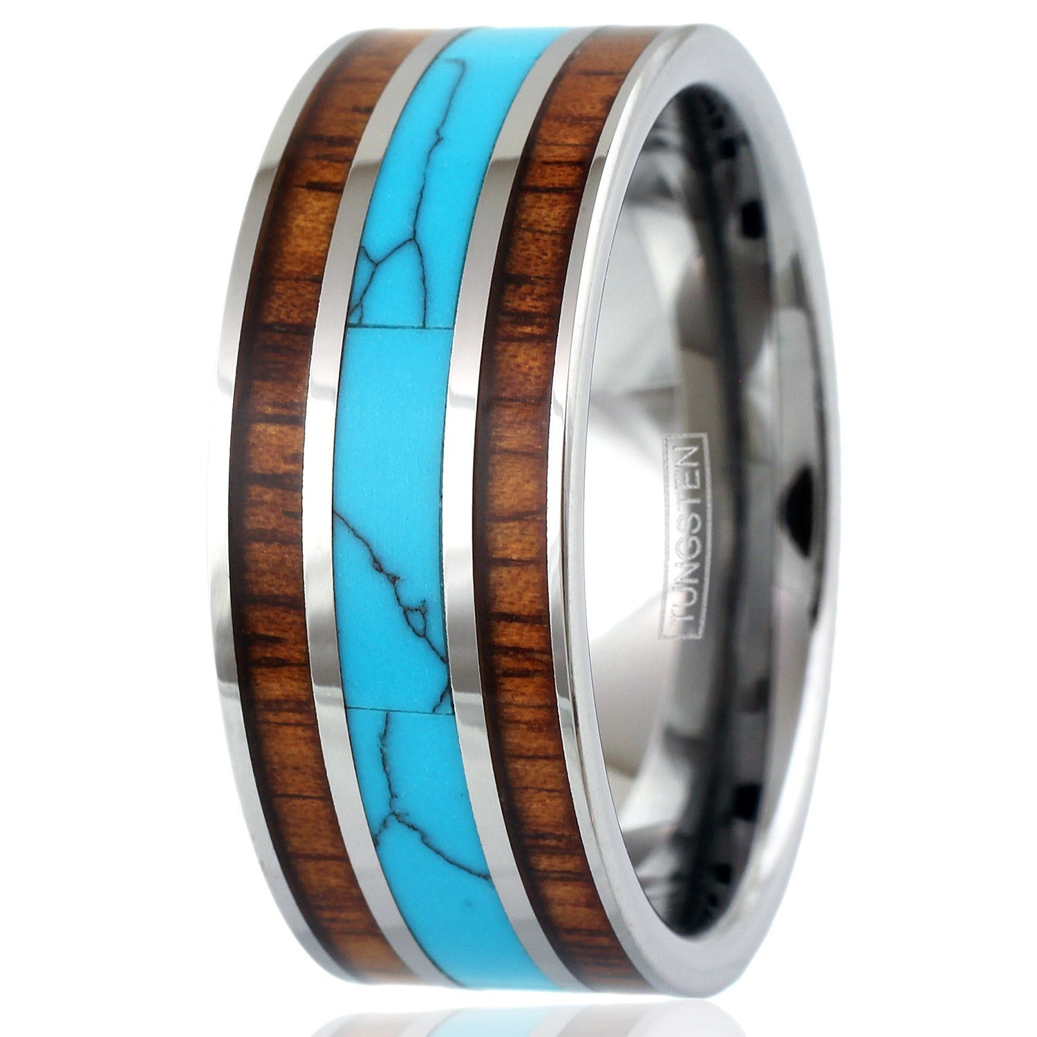 10mm Tungsten Men’s Turquoise and Double Hawaiian Koa Wood Wedding Band