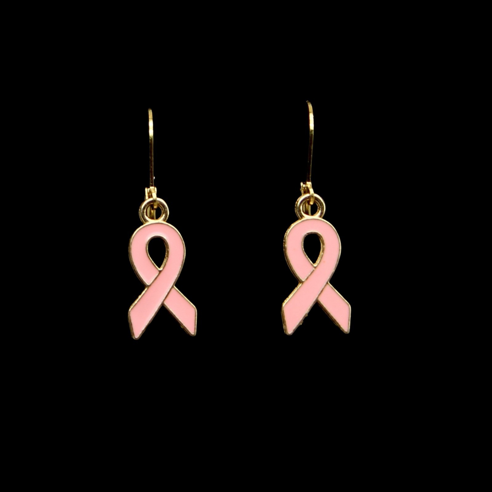 Breast Cancer Awareness Ribbon Earrings with Gold Trim & Lever back Closures