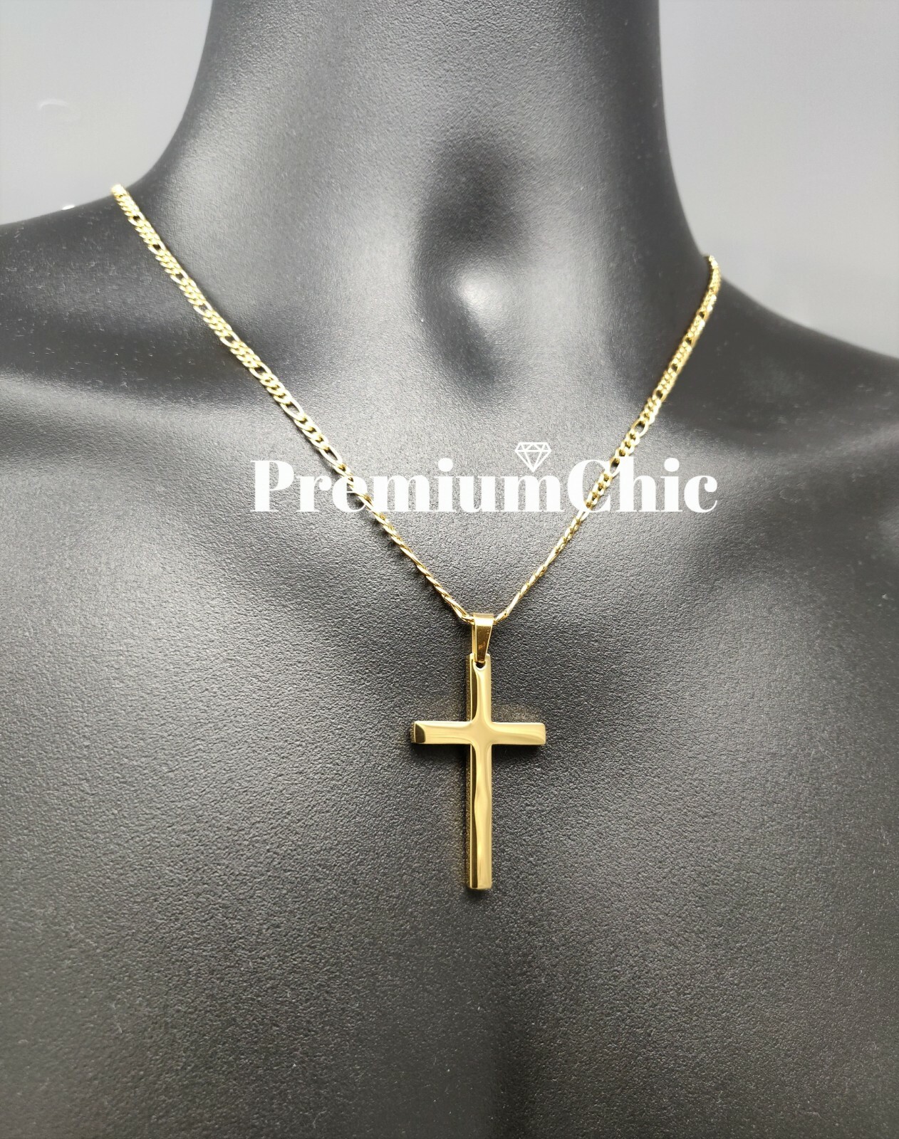 Unisex Stainless Steel Gold Plated Figaro Chain Necklace w Cross Pendant Jewelry