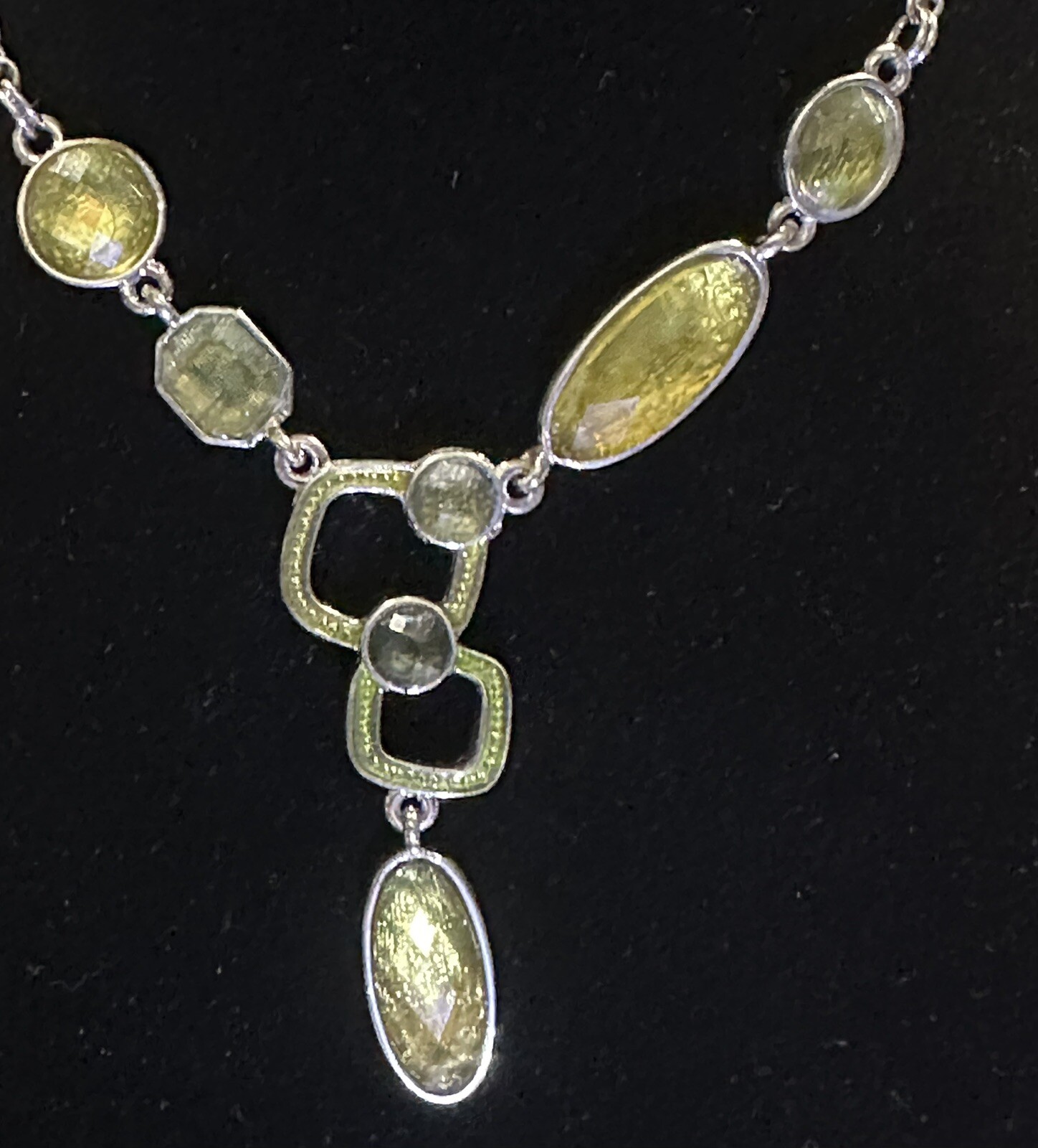 Lia Sophia Silver Tone Green Foil Backed Crystal Multi-strand Necklace 19” NEW