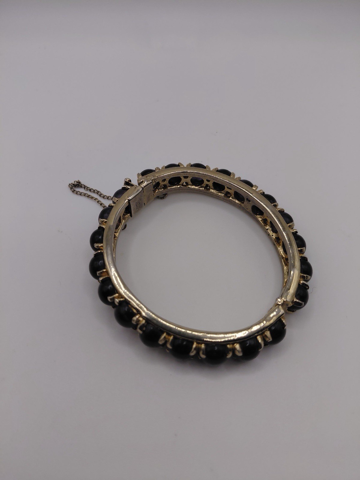 Ernest Steiner Vintage Cabochon Faux Onyx Bangle Bracelet-Safety chain