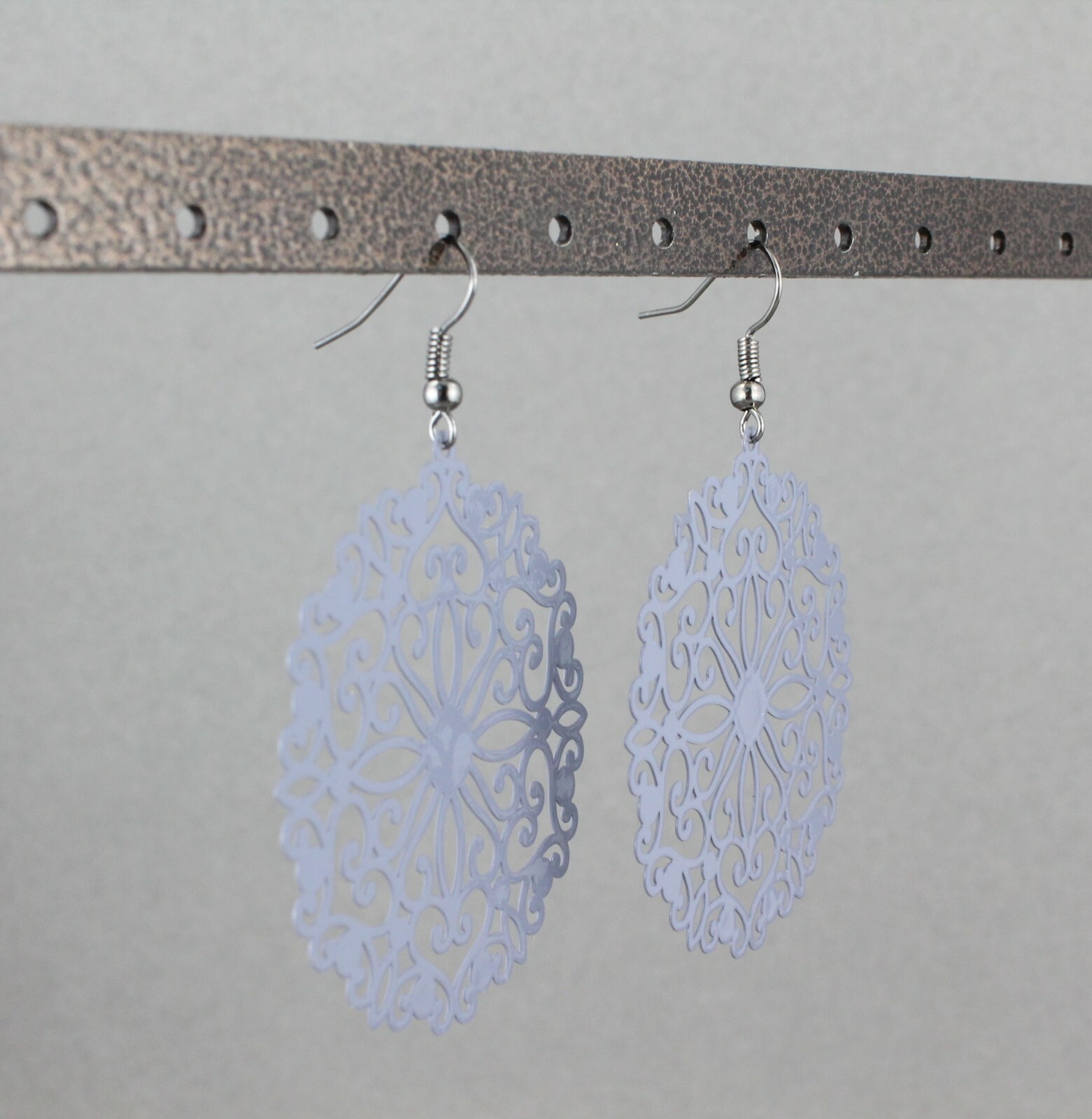 Grey round earrings cut out lace filigree scroll circle 2.5″ long very Light