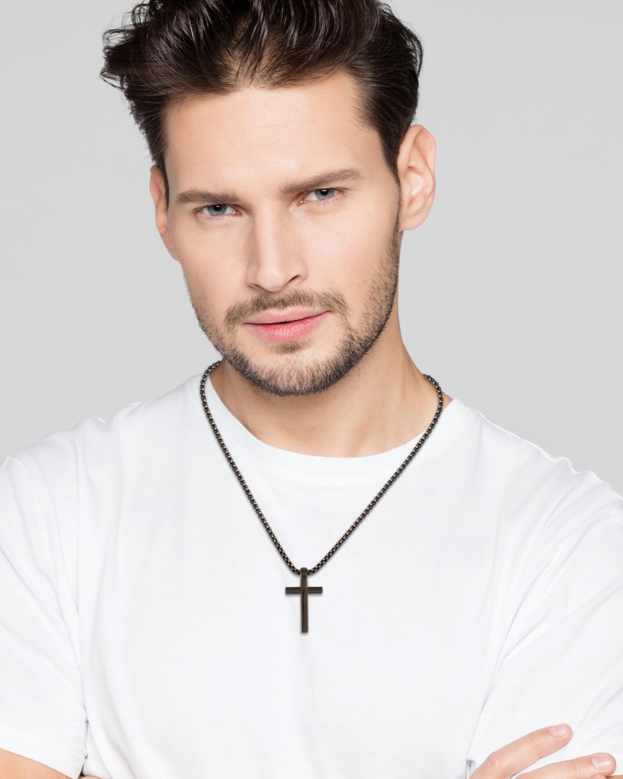 Lucky Brand Cross Necklace for Men, Black Onyx-Plated Brass or Stainless Stee…