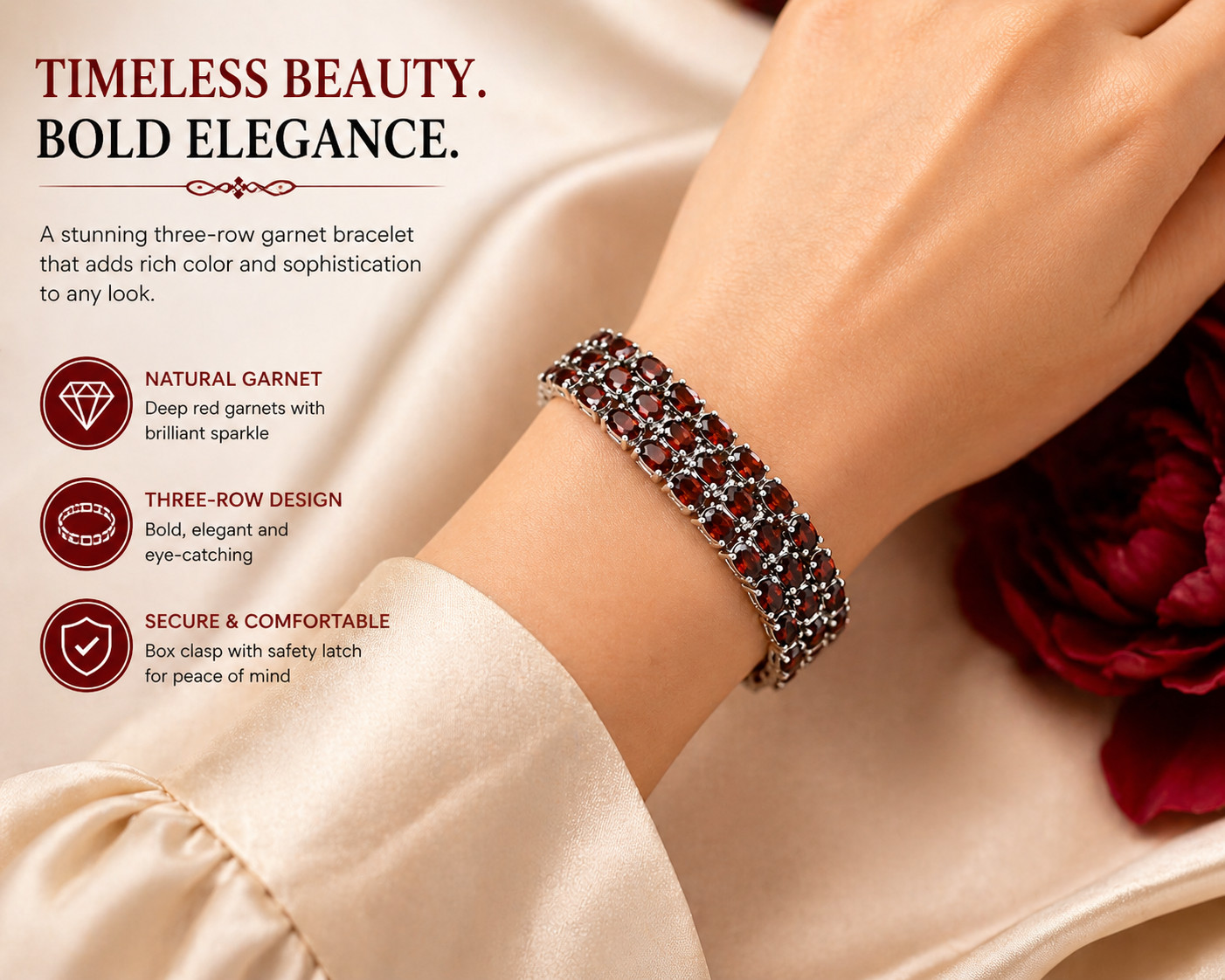 28.5ct Garnet Tennis Bracelet 3 Row Oval Red Gemstone Statement Jewelry 7Inches