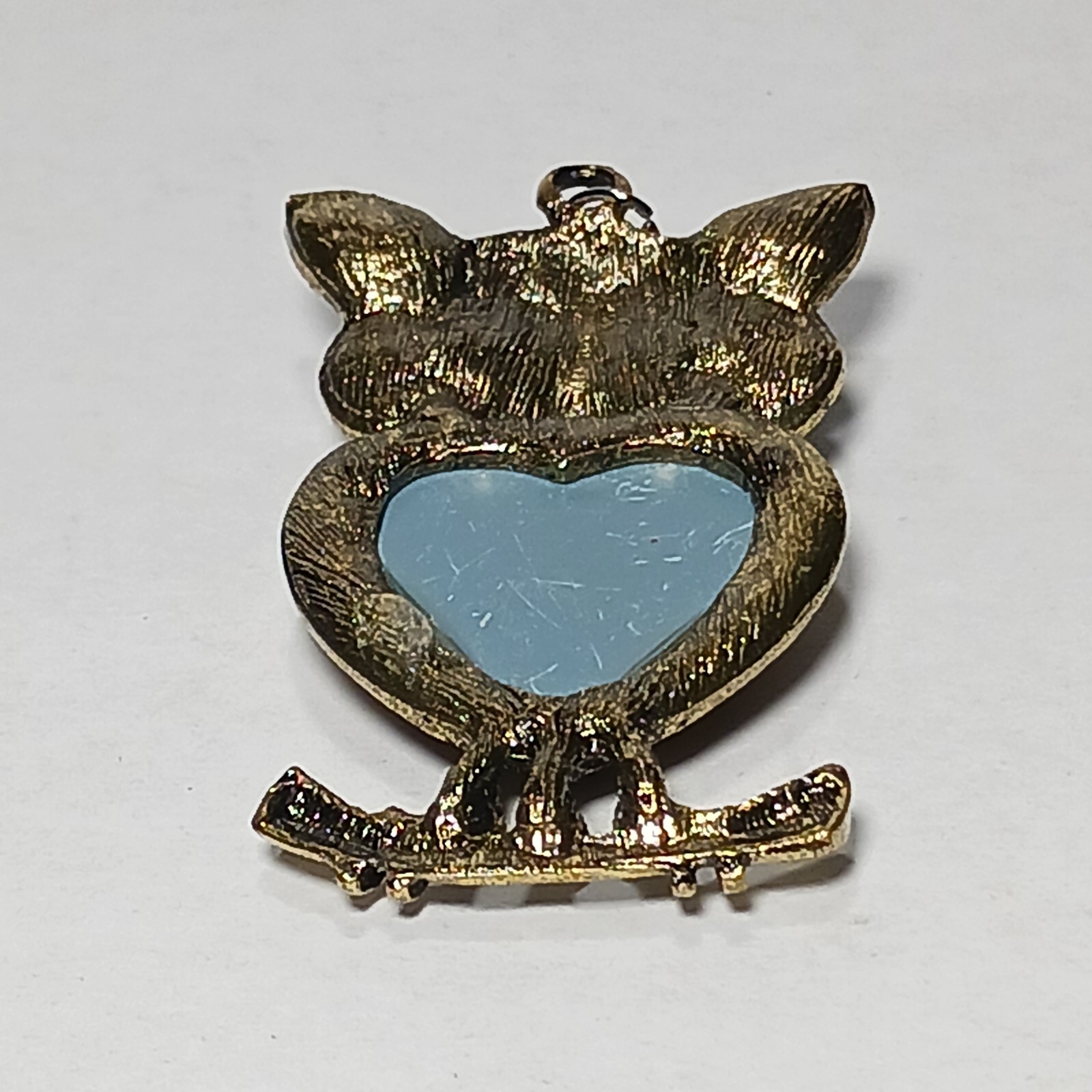Owl Pendant Large Eyed Heart Shape Foil Back Glass Rhinestone Belly VTG Jewelry