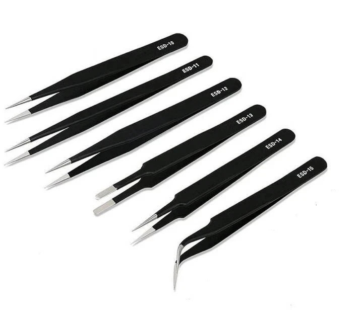 6Pcs ESD Anti-static Tweezers Set Maintenance Repair Stainless Steel Tools Kit