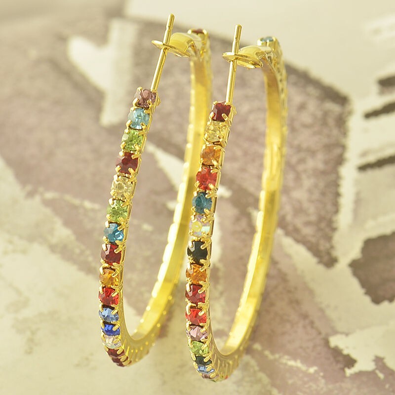 Pretty Yellow Gold Plated Multicolor Crystal CZ Round Large 1.75″ Hoop Earrings