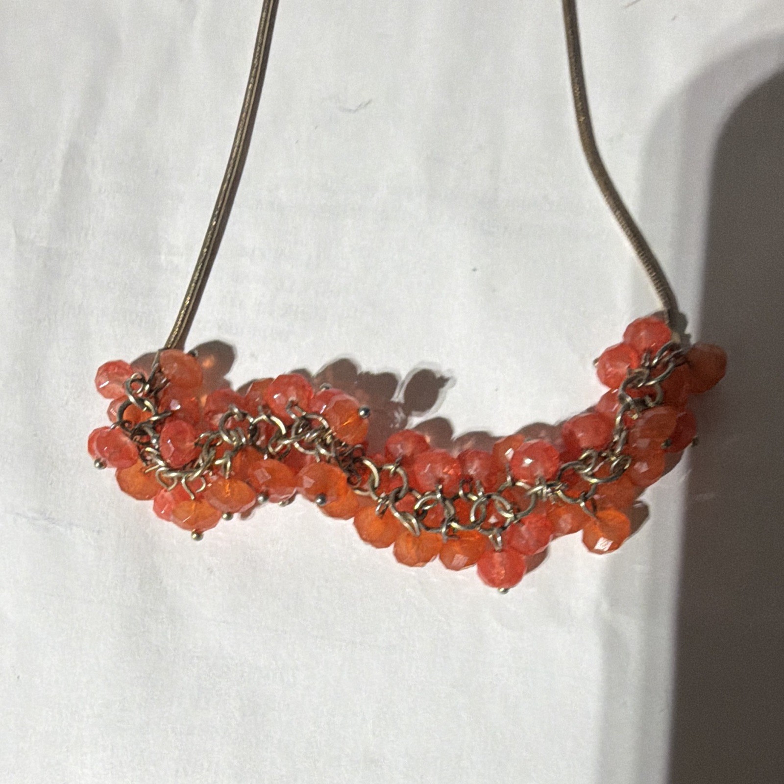 Silver Tone Snake Chain Statement Necklace Orange Round Crystal Beads, Lobster