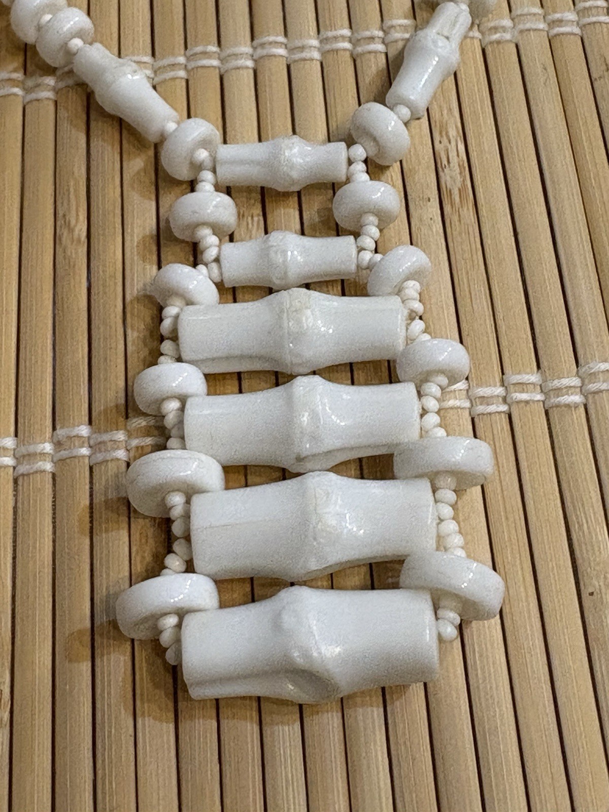 Vintage MIRIAM HASKELL White Bamboo Beaded Necklace Bib Ladder 12” Signed