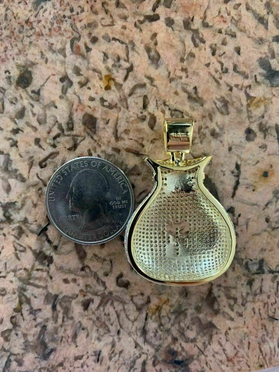 Solid 925 Silver 14k Gold Plated Money Bag CZ Dollar Sign Hip Hop Necklace