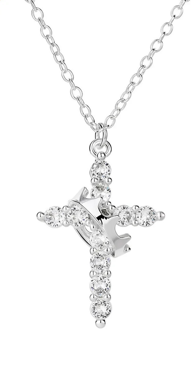 Elegant White Gold Rotatable Crown Cross Necklace Sparkly Diamond Pendant Gift