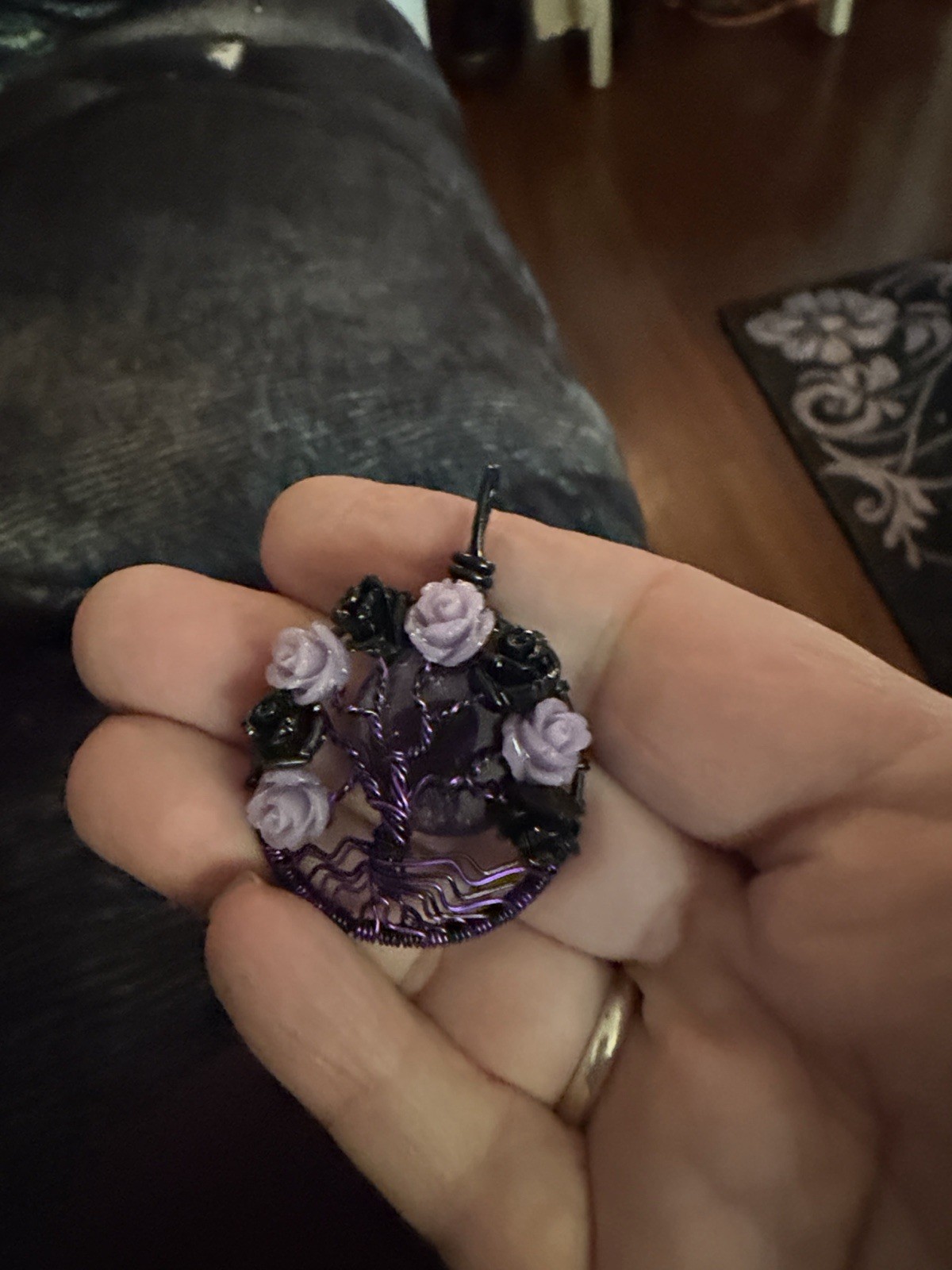 Handmade Purple & Black Wire Wrapped Floral Rose Round Pendant Charm
