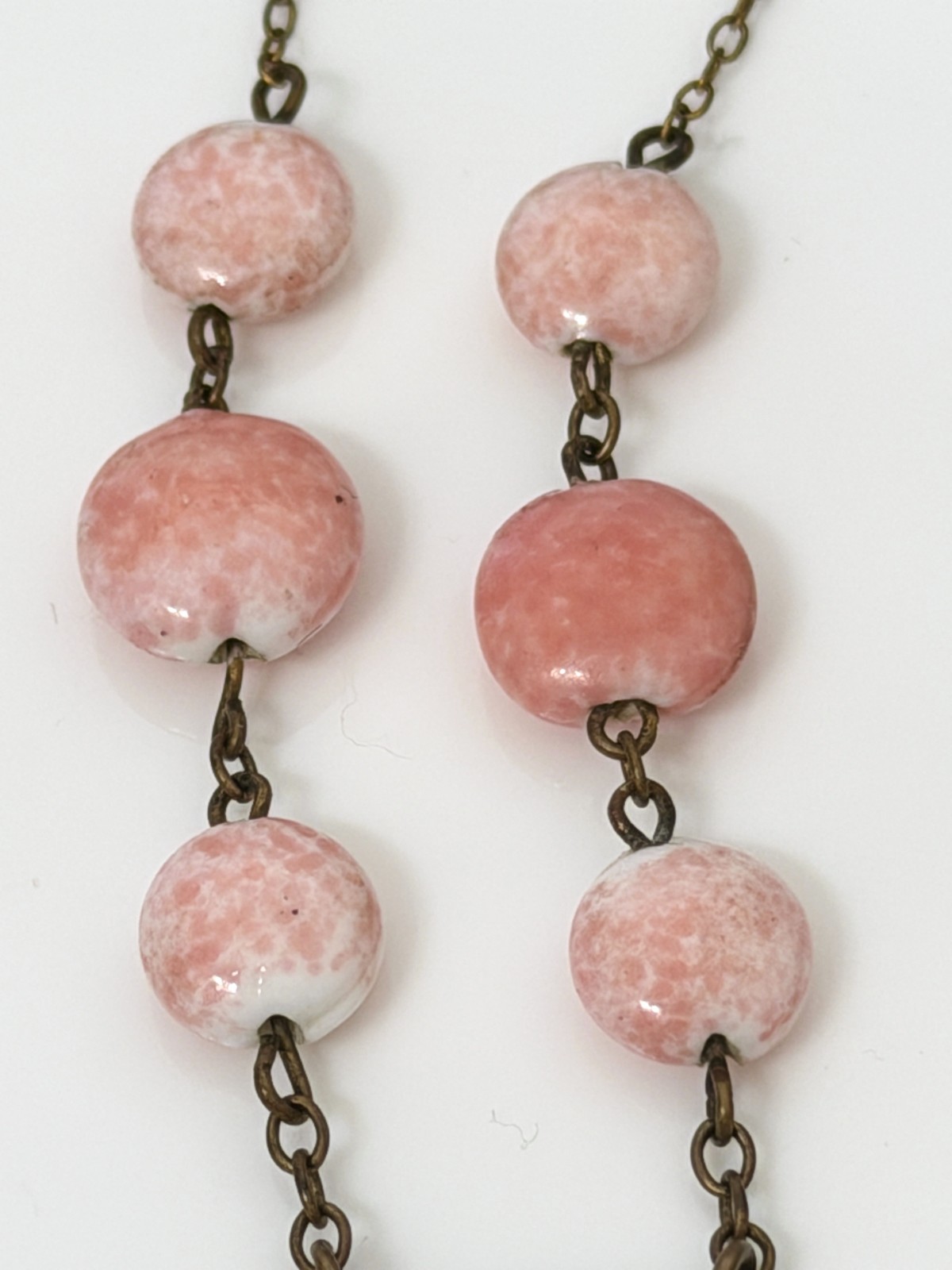 Antique Vintage 1930s Signed CZECH Art Deco Pink Peking Glass & Brass Necklace