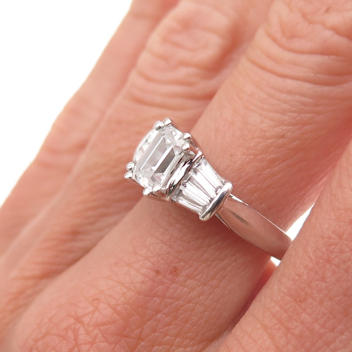 925 Sterling Silver Emerald & Tapered Baguette-Cut C Z Engagement Ring Size 7