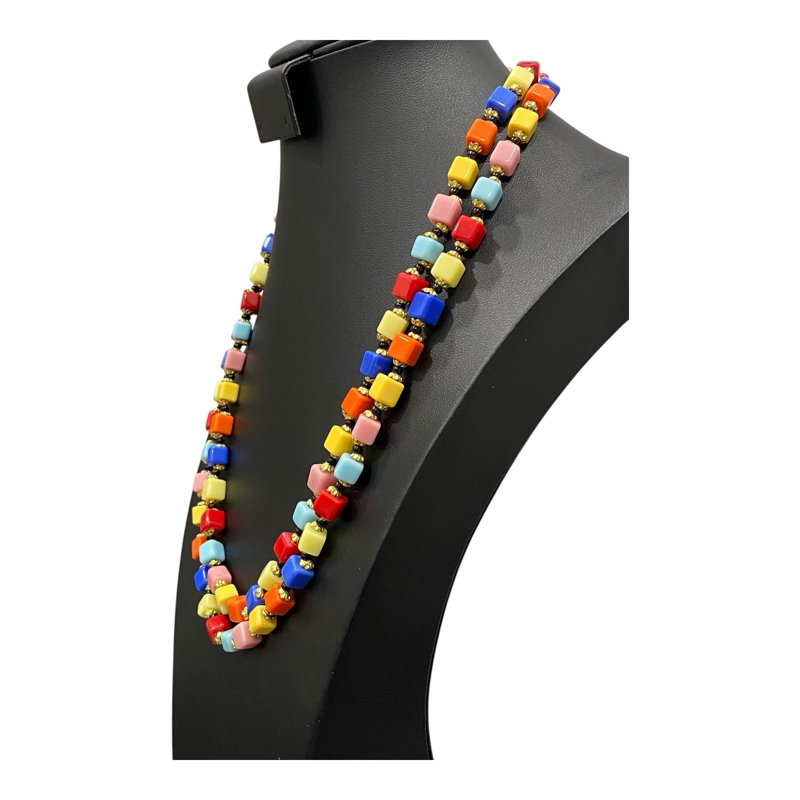 Vtg 1930s Czech Harlequin Glass Cube Bead Flapper Rope Necklace Art Deco 49″