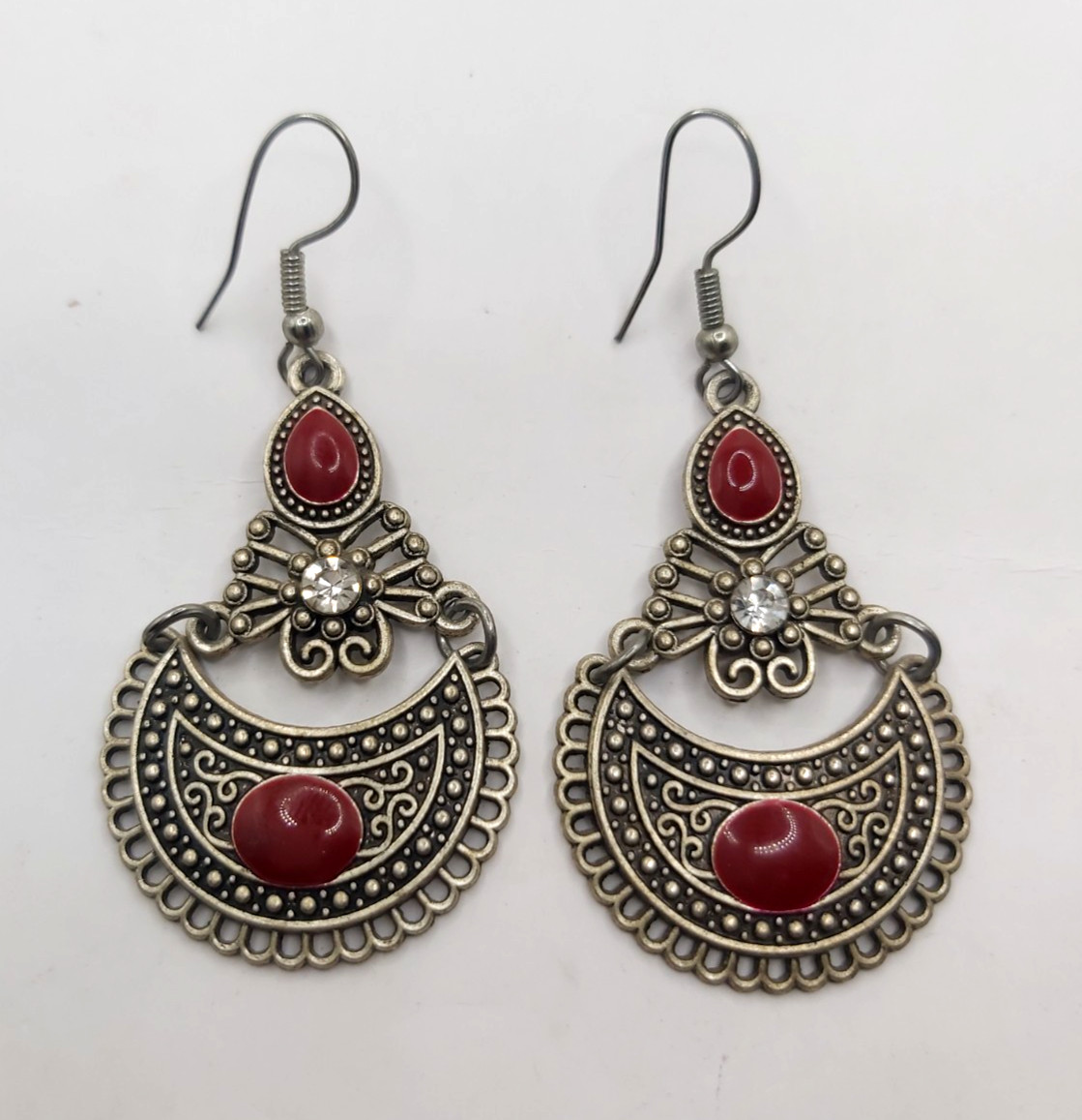 Vintage Berber Boho Silver Color Chandbali Crescent Dangle Earrings Red Rhinesto