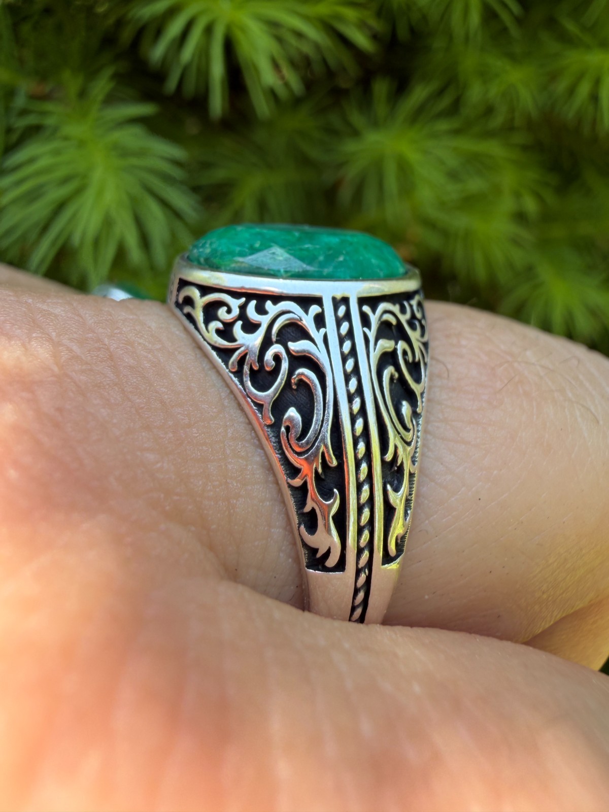 Real Columbian Green Emerald Stone Mens Solid 925 Silver Ring – Oxidized Vintage