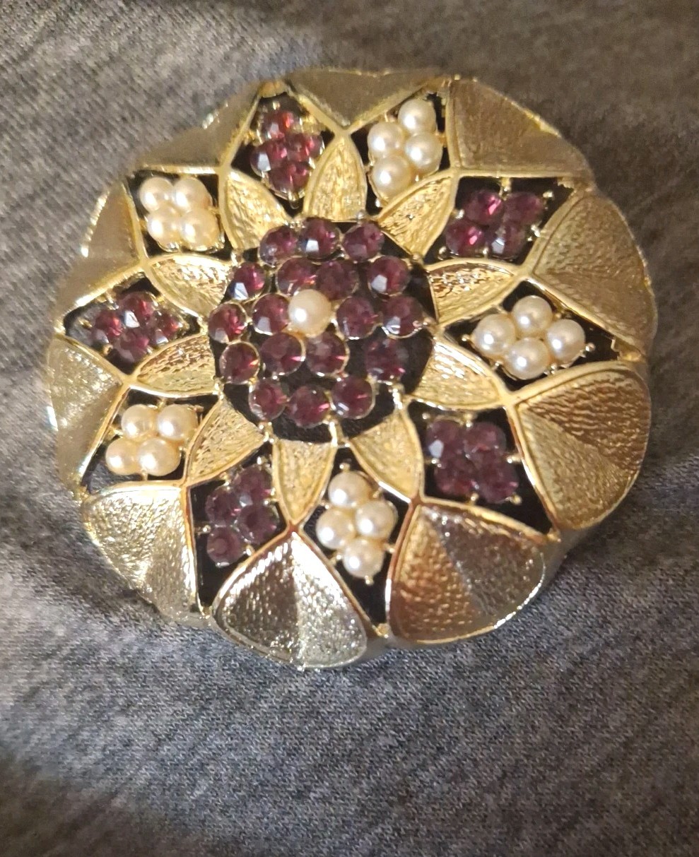 Vtg Unsigned Faux Pearl Purple Rhinestone Statement Brooch Pin Domed Goldtone