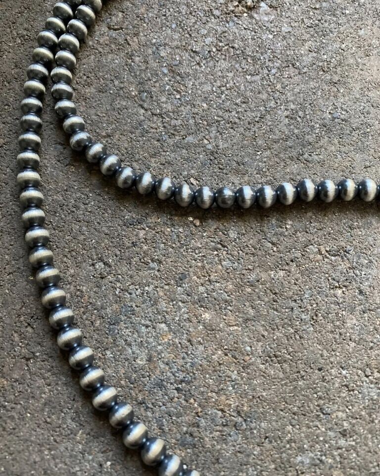 6mm 14 Inch 925 Sterling Silver Oxidized Pearls Bead Necklace Southwestern