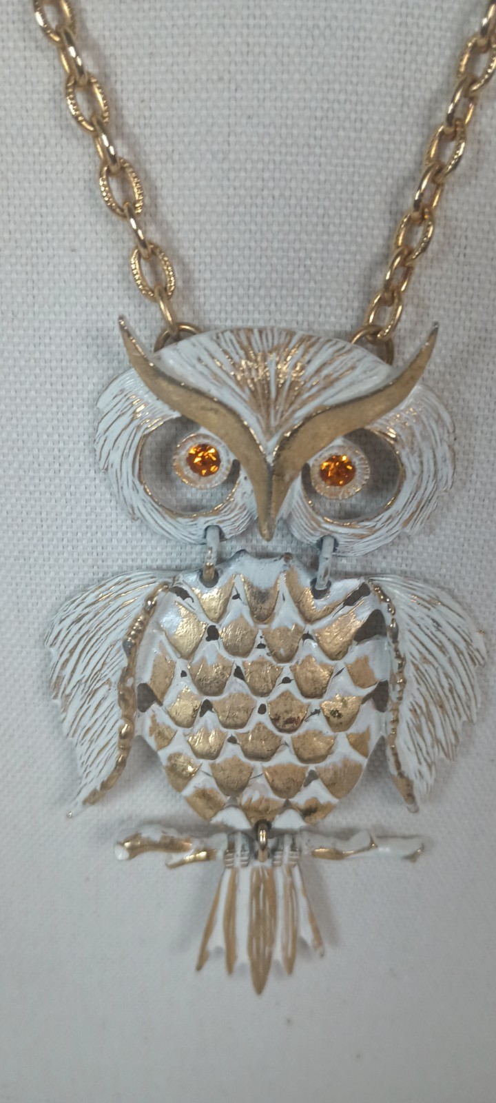 Vintage Articulated Gold Tone Owl Pendant Necklace White Enamel Orange Eyes