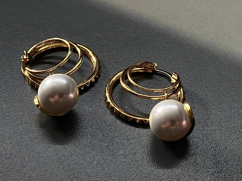 Valentino Gold Pearl Triple Band Studded Earrings 4.5cm