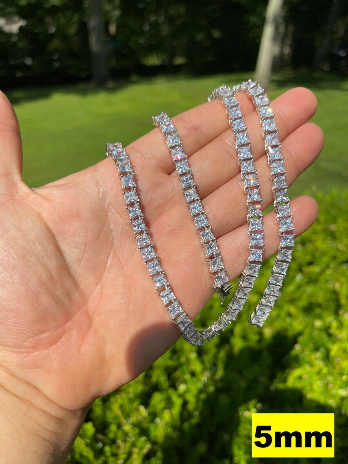 Tennis Chain Real 925 Sterling Silver ICED Square Princess Cut CZ Necklace Chain