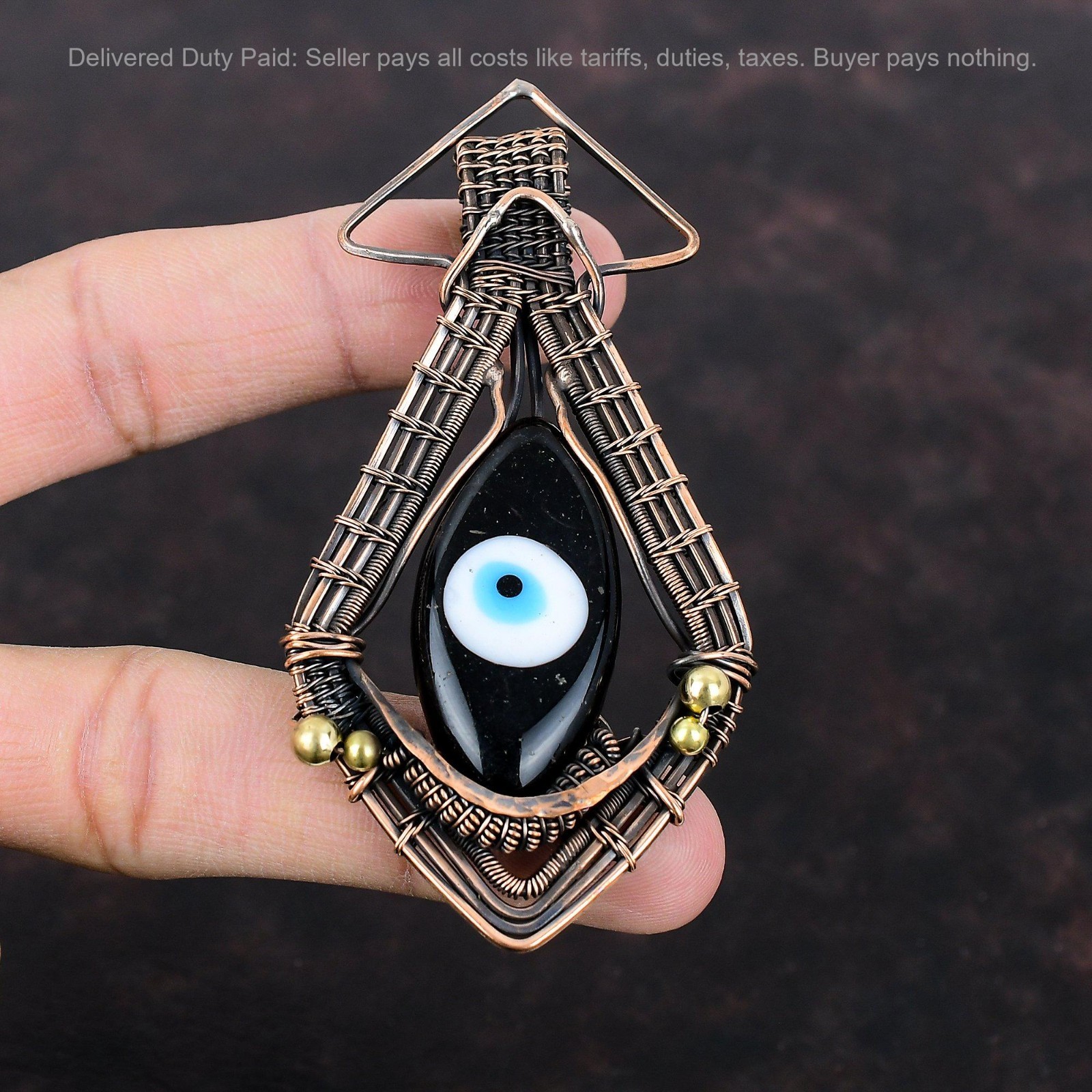 Copper Marquise Black Color Evil Eye Stone Wife Trendy Wire Wrapped Boho Pendant