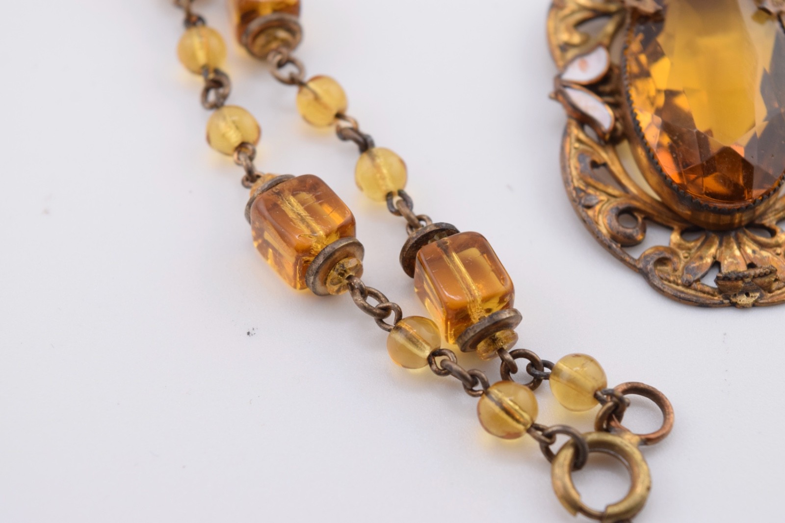 Antique Czech Necklace / Choker with Amber Colored Glass and White Enamel Accent