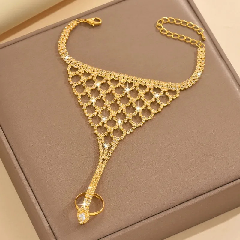 Sparkly Full Zircon Mesh Hand Chain Bracelet Fashion Link Ring Jewelry for Women