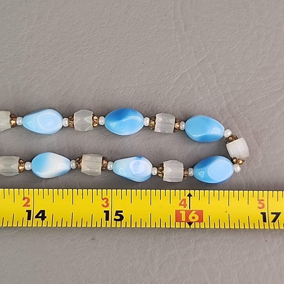 Vintage Glass Beaded Necklace Oval Blue White Frosted Atlas Endless 34″