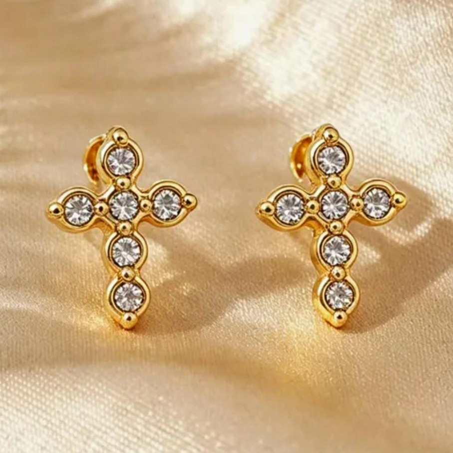 Gold Tone Cross Stud Earrings Simulated Diamond White Round Butterfly 0.9cm